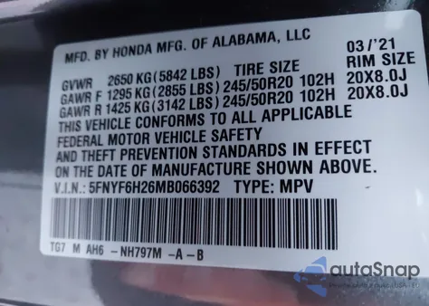 2021 Honda Pilot Awd Special Edition from USA, damaged, VIN 5FNYF6H26MB066392